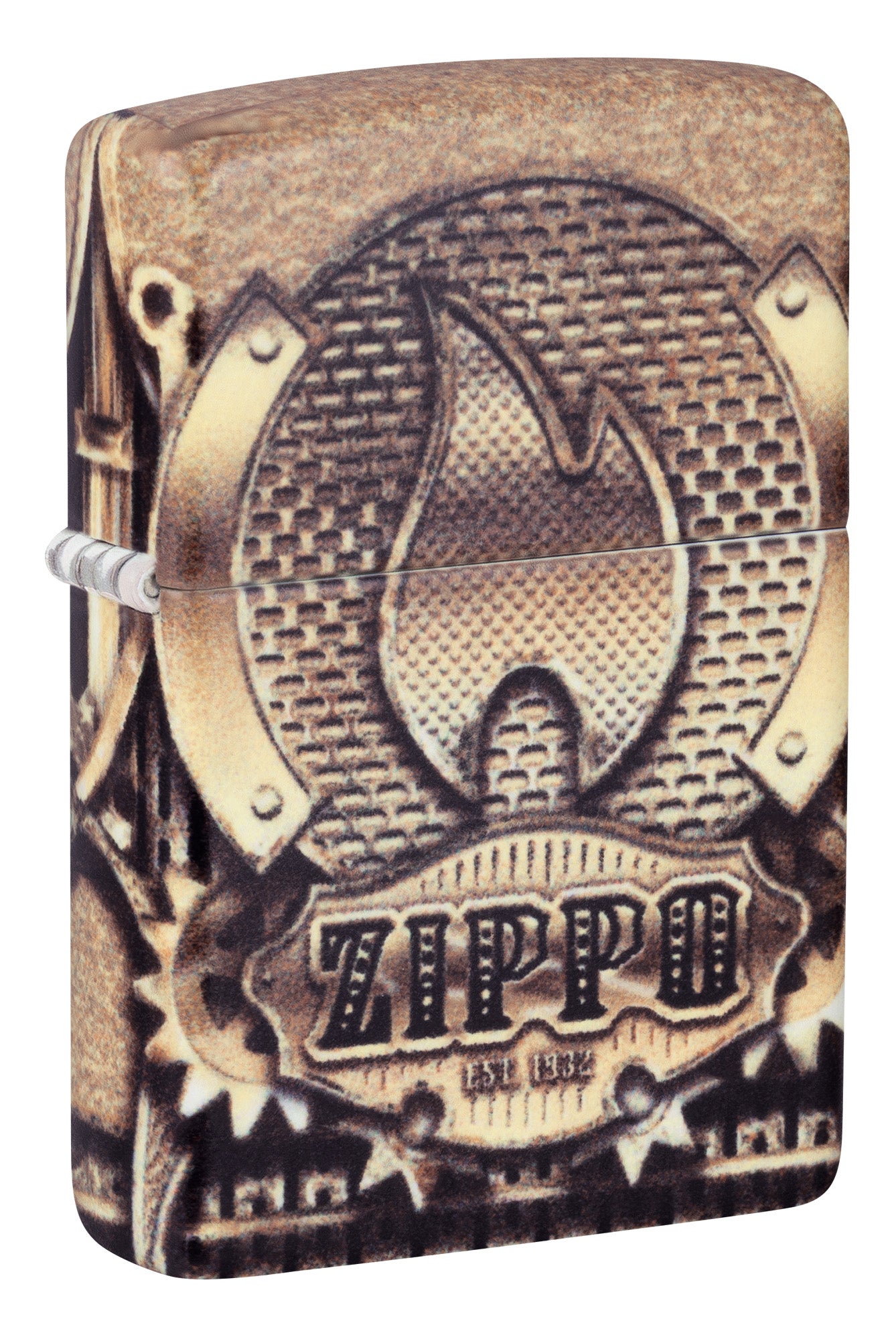 Front View of Zippo Glowing Gears Design Glow in the Dark Windproof Lighter at 3/4 angle