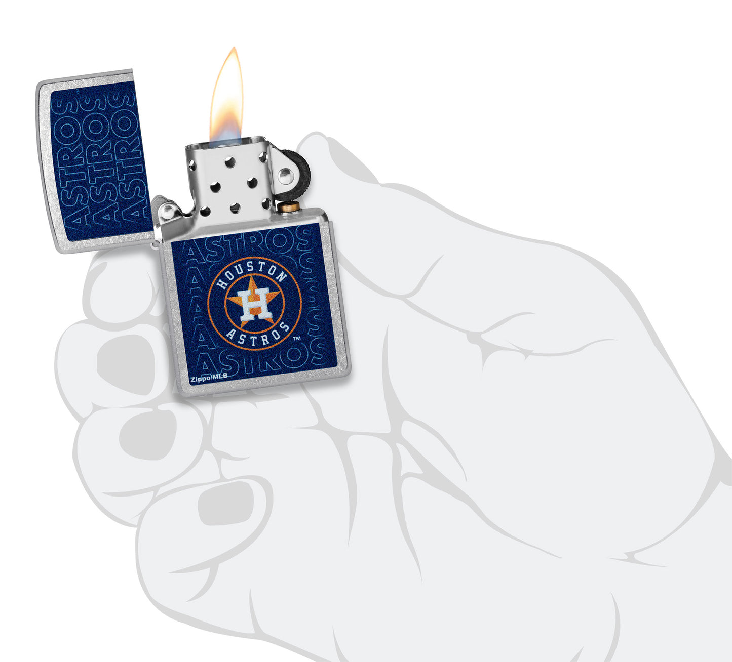 Zippo MLB® Houston Astros Street Chrome Windproof Lighter lit in hand.