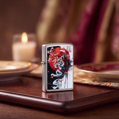 Lifestyle image of Zippo Tiger Blossom Design Street Chrome Windproof Lighter standing on a dining room table showing the front and hinge side of the lighter. The out of focus dining room table is the background. 

