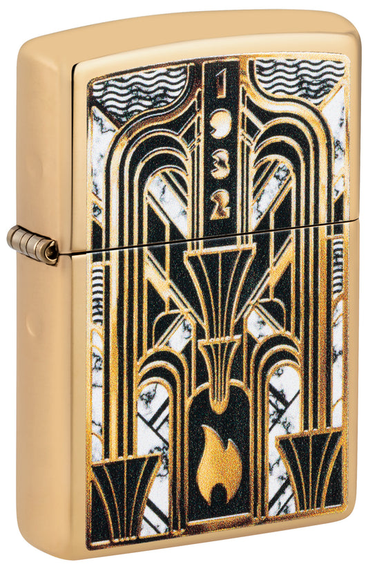 Front shot of Zippo Art Deco Flame Design High Polish Brass Windproof Lighter standing at a 3/4 angle.