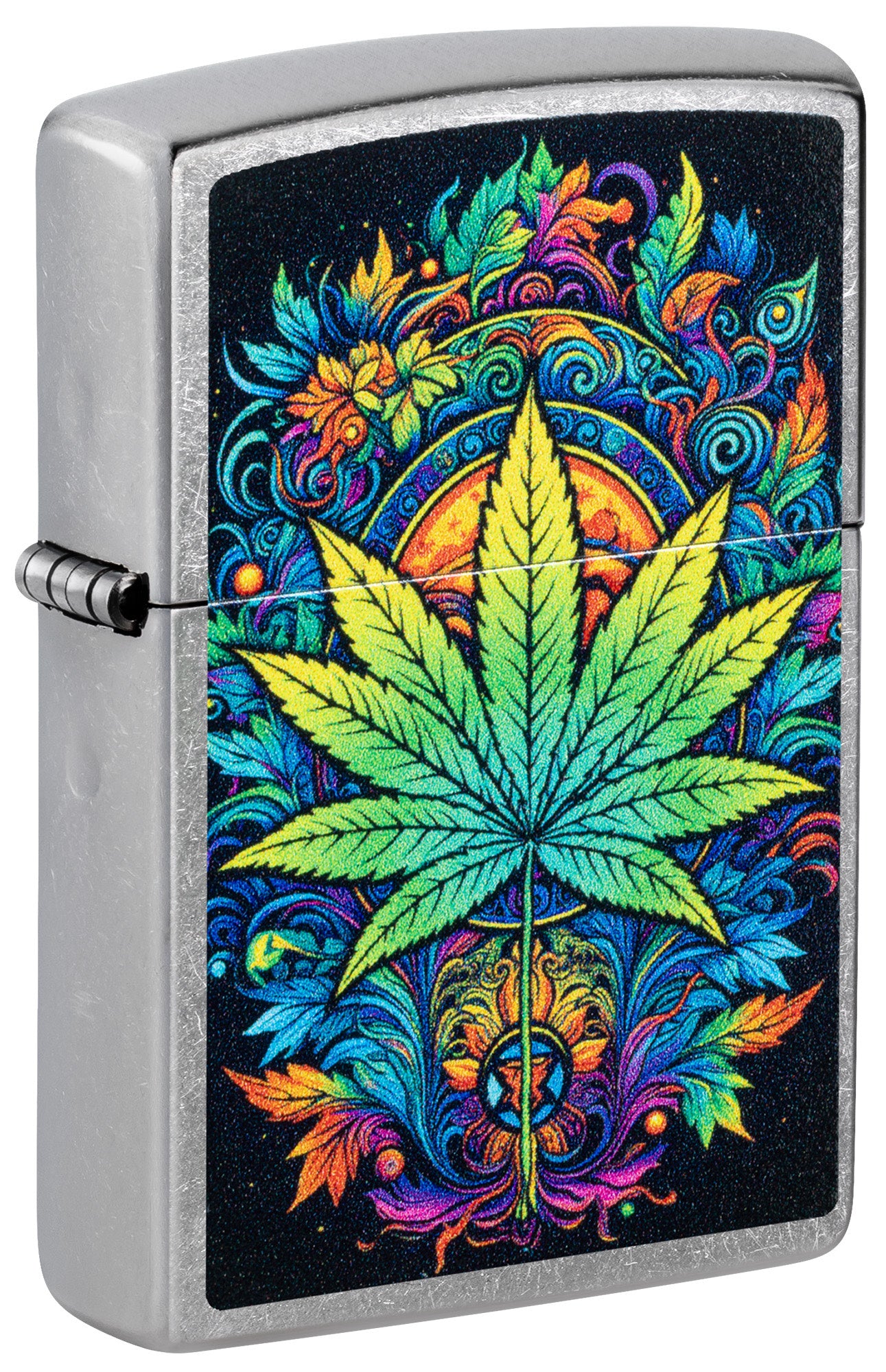 Front shot of Zippo Captivating Cannabis Design Street Chrome Windproof Lighter standing at a 3/4 angle.