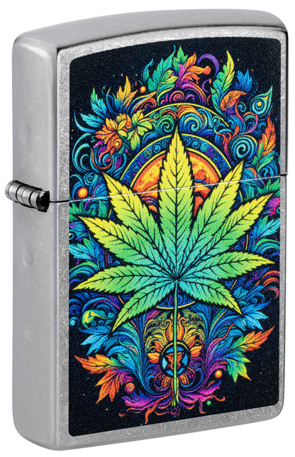 Front shot of Zippo Captivating Cannabis Design Street Chrome Windproof Lighter standing at a 3/4 angle.