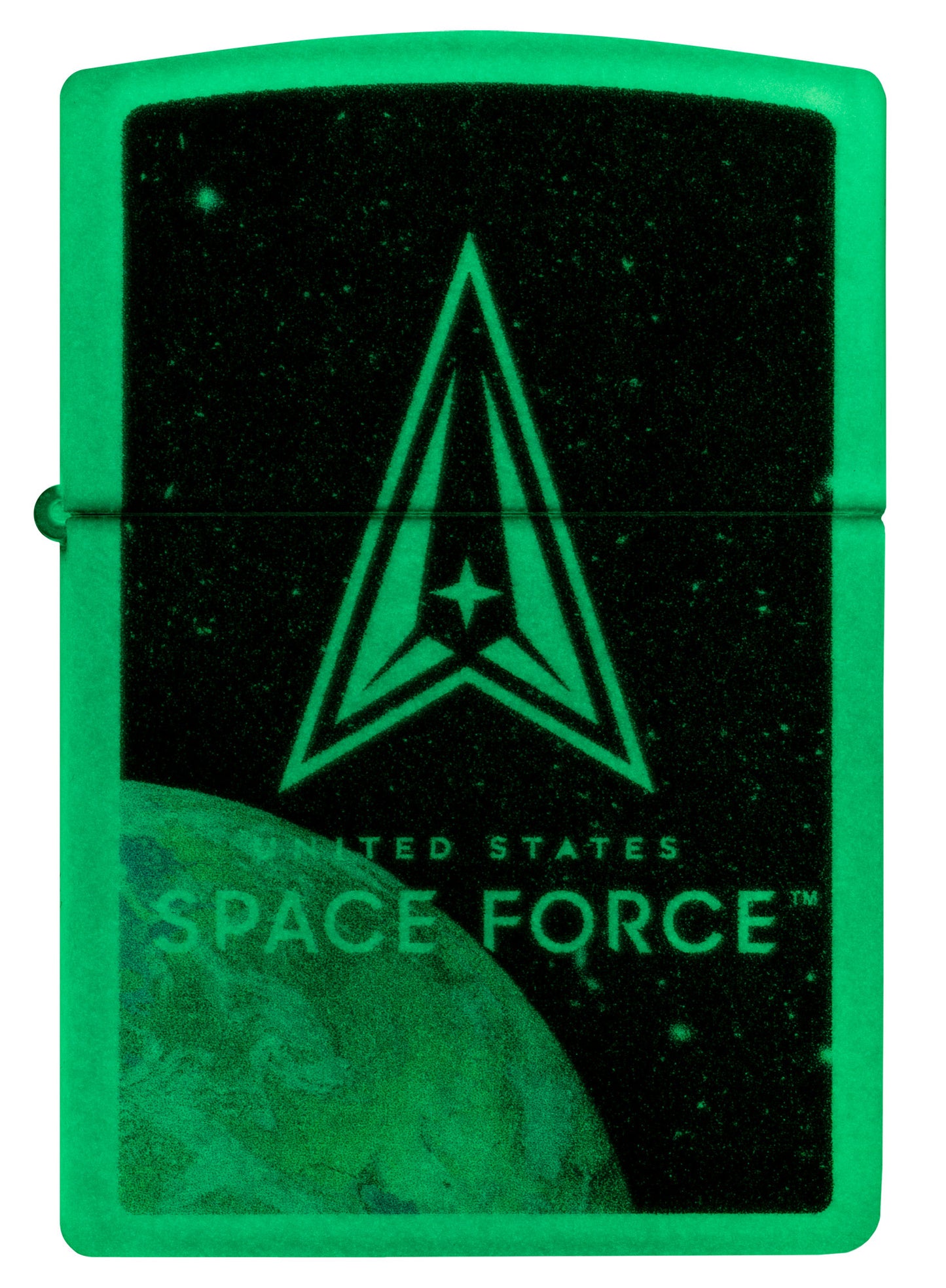 Front view of Zippo U.S. Space Force™ Glow in the Dark Windproof Lighter glowing in the dark.