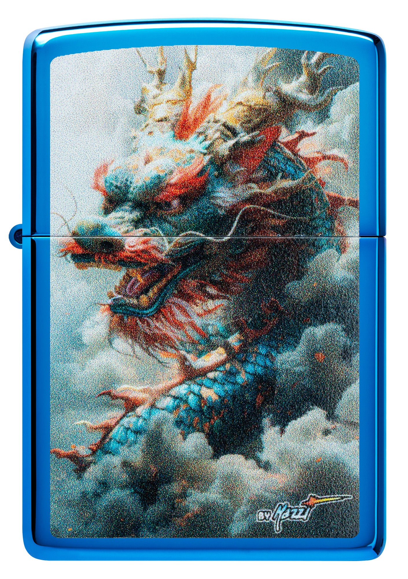 Front view of Zippo Mazzi® Dragon Design High Polish Blue Windproof Lighter.