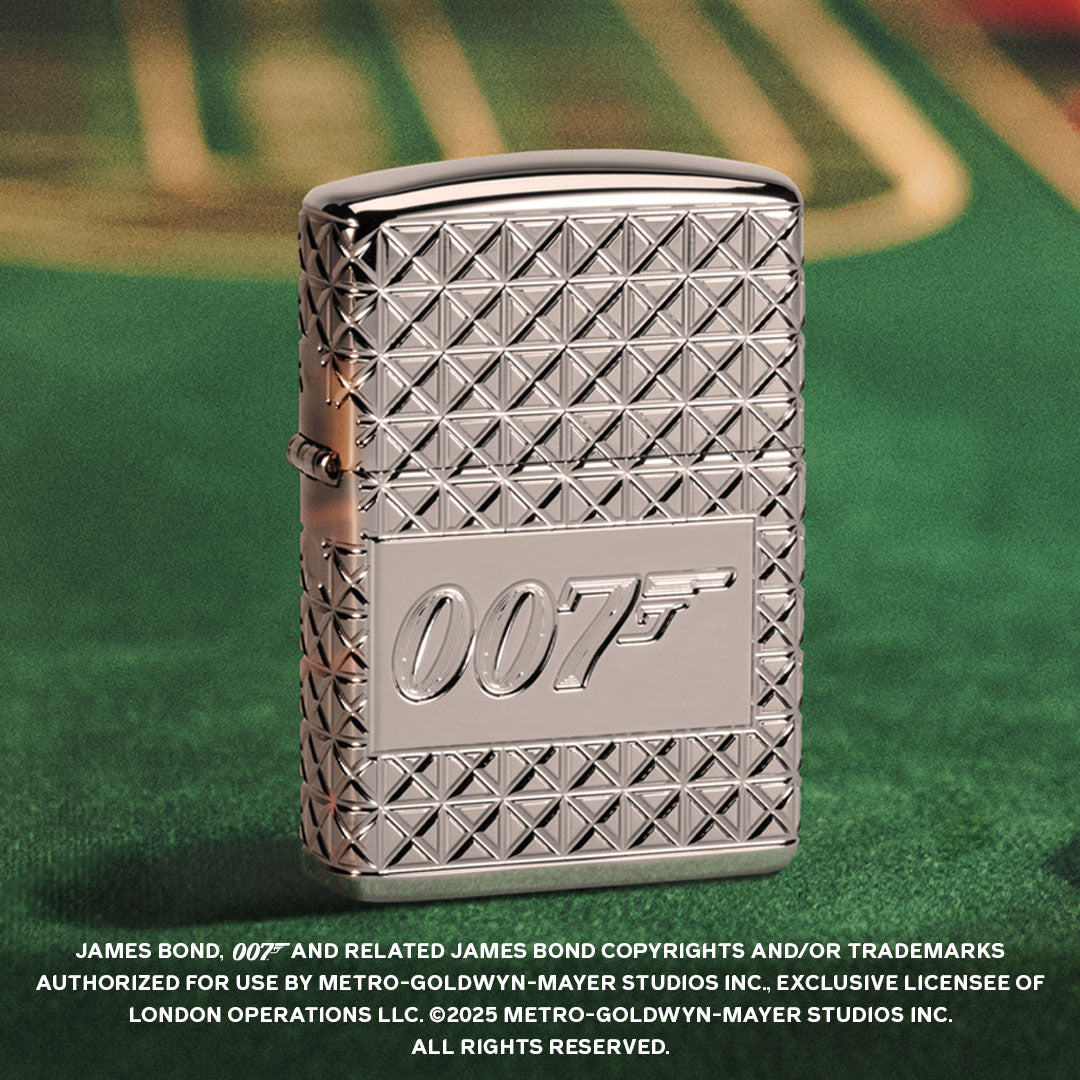 Silver Zippo lighter with diamond pattern and '007' logo on a green background