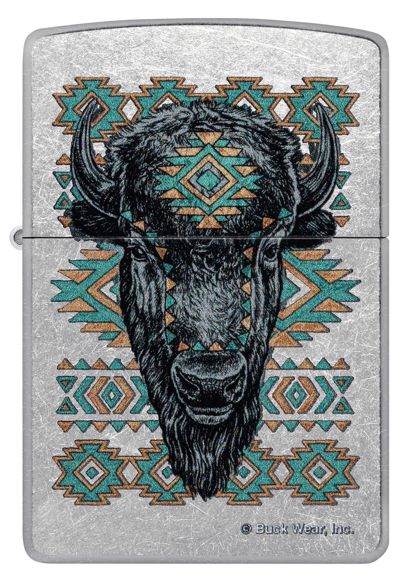 Front view of Zippo Buck Wear™ Southwest Bison Design Street Chrome Windproof Lighter.