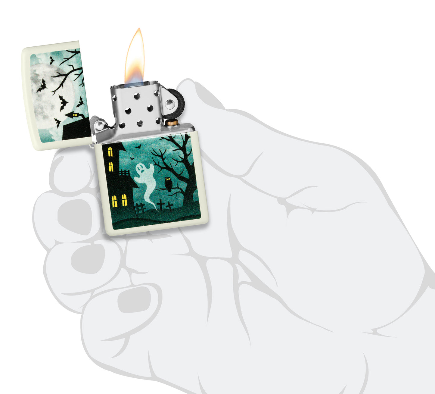 Zippo Spooky Design Glow in the Dark Green Windproof Lighter lit in hand.