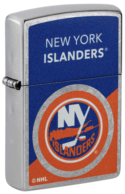 Front shot of Zippo NHL® New York Islanders® 2024 Street Chrome™ Windproof Lighter standing at a 3/4 angle.