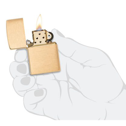 Classic Brushed Brass Windproof Lighter lit in hand.