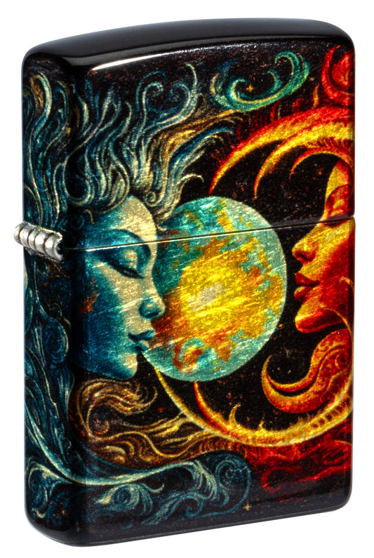 Front shot of Zippo Sun and Moon Design 540 Tumbled Brass Windproof Lighter standing at a 3/4 angle.