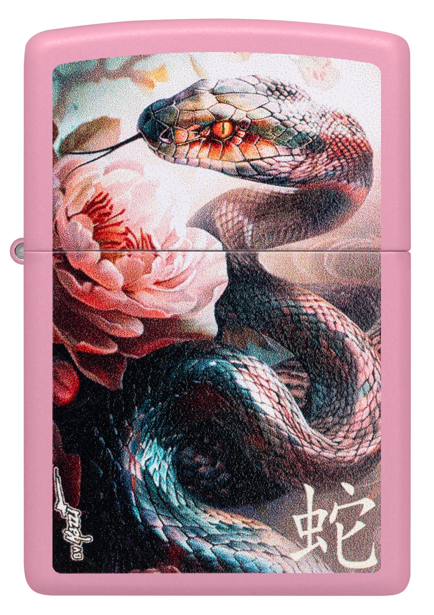 Front view of Zippo Mazzi® Snake and Flower Design Pink Matte Windproof Lighter.