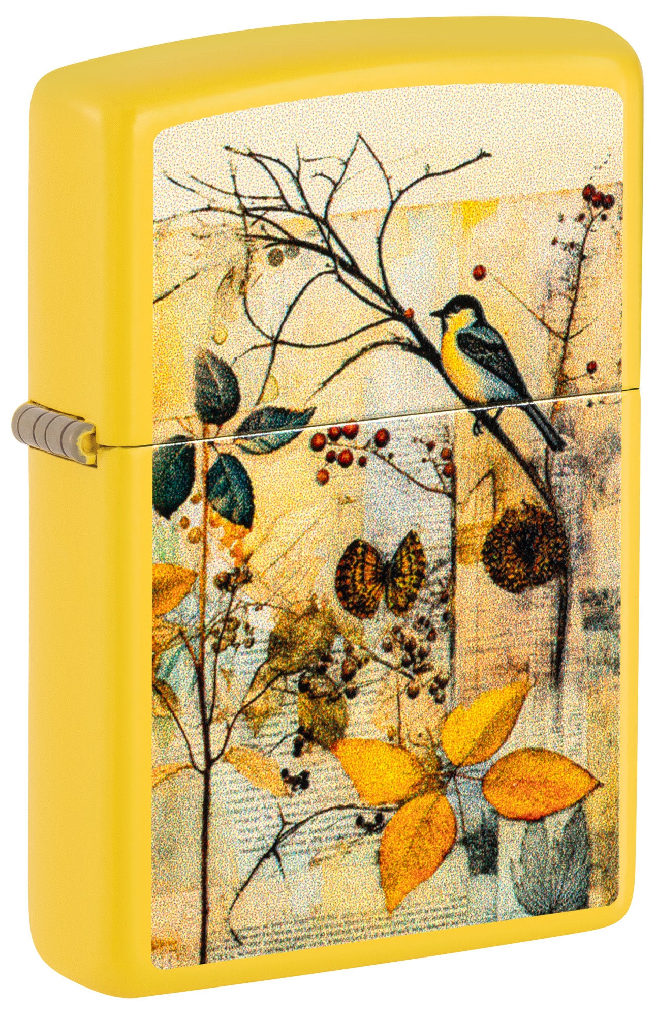 Front shot of Zippo Scrapbook Bird Design Sunflower Windproof Lighter standing at a 3/4 angle.