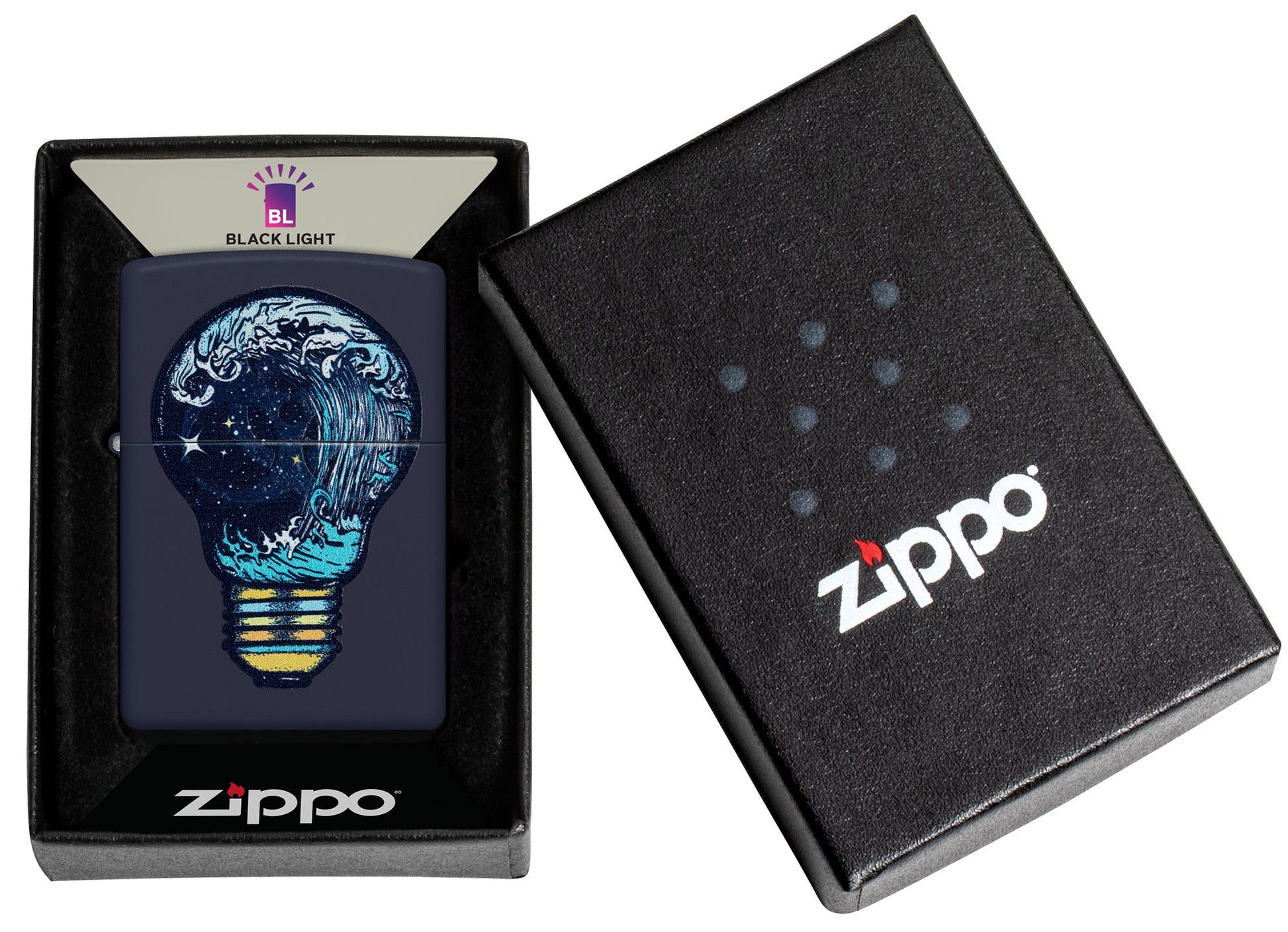 Zippo Black Light Toxic Waves Design Navy Matte Windproof Lighter in its packaging.