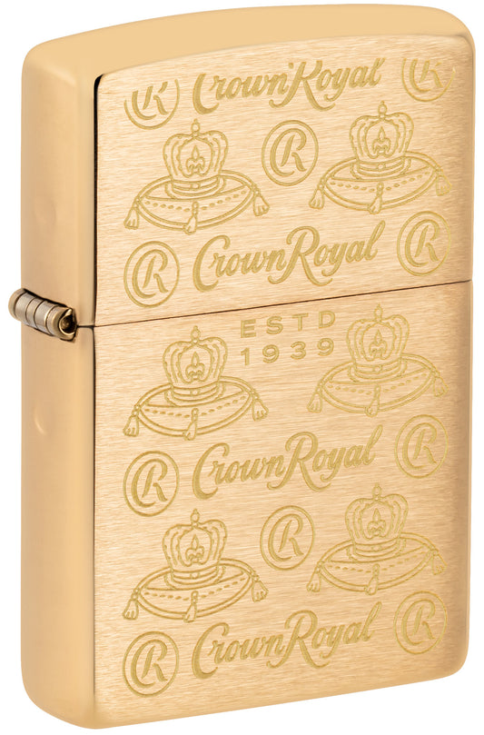 Front shot of Zippo Crown Royal Elegance Design Brushed Brass Windproof Lighter standing at a 3/4 angle.