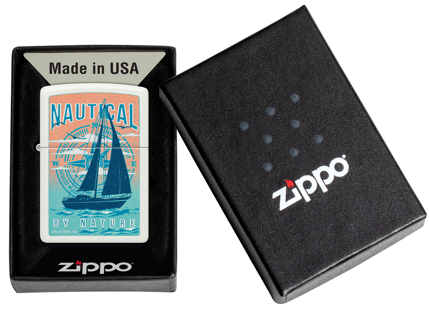 Zippo Buck Wear Nautical Design White Matte Windproof Lighter in its packaging.
