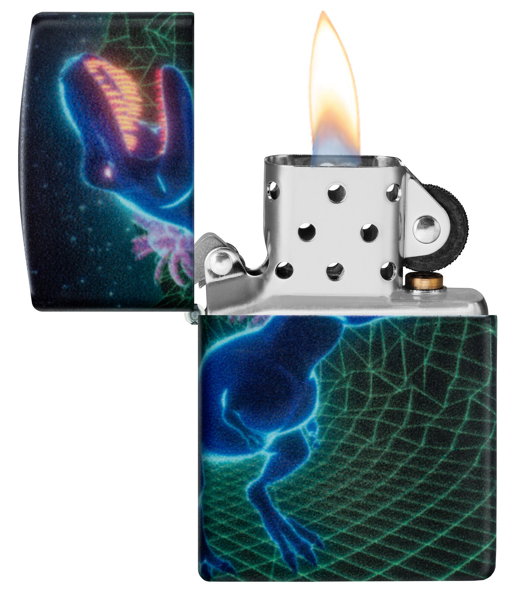 Zippo Cyber Dino Design Glow in the Dark Windproof Lighter with its lid open and lit.