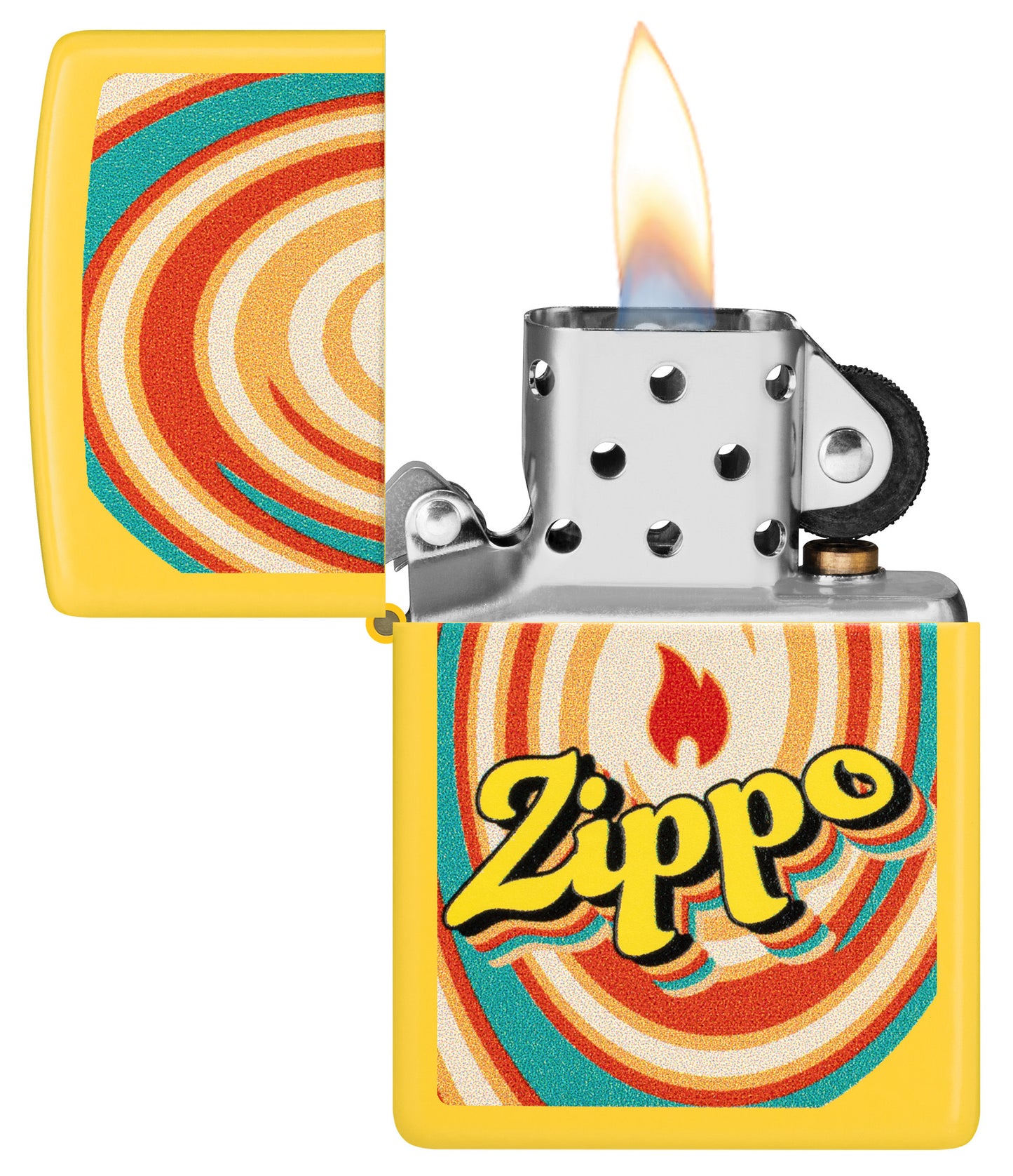 Zippo Swirls Design Sunflower Windproof Lighter with its lid open and lit.