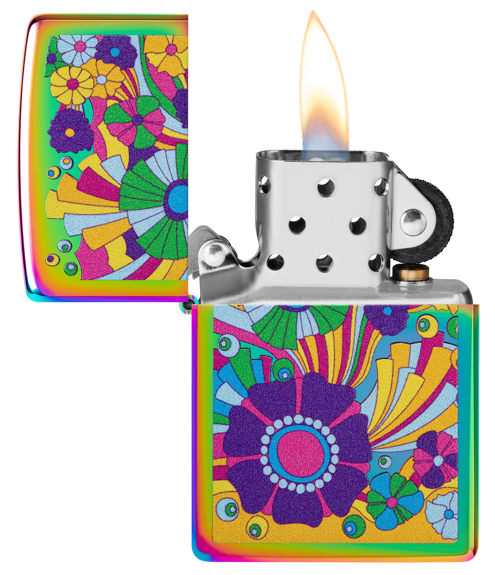 Zippo Vintage Flowers Design Multi-Color Windproof Lighter with its lid open and lit.