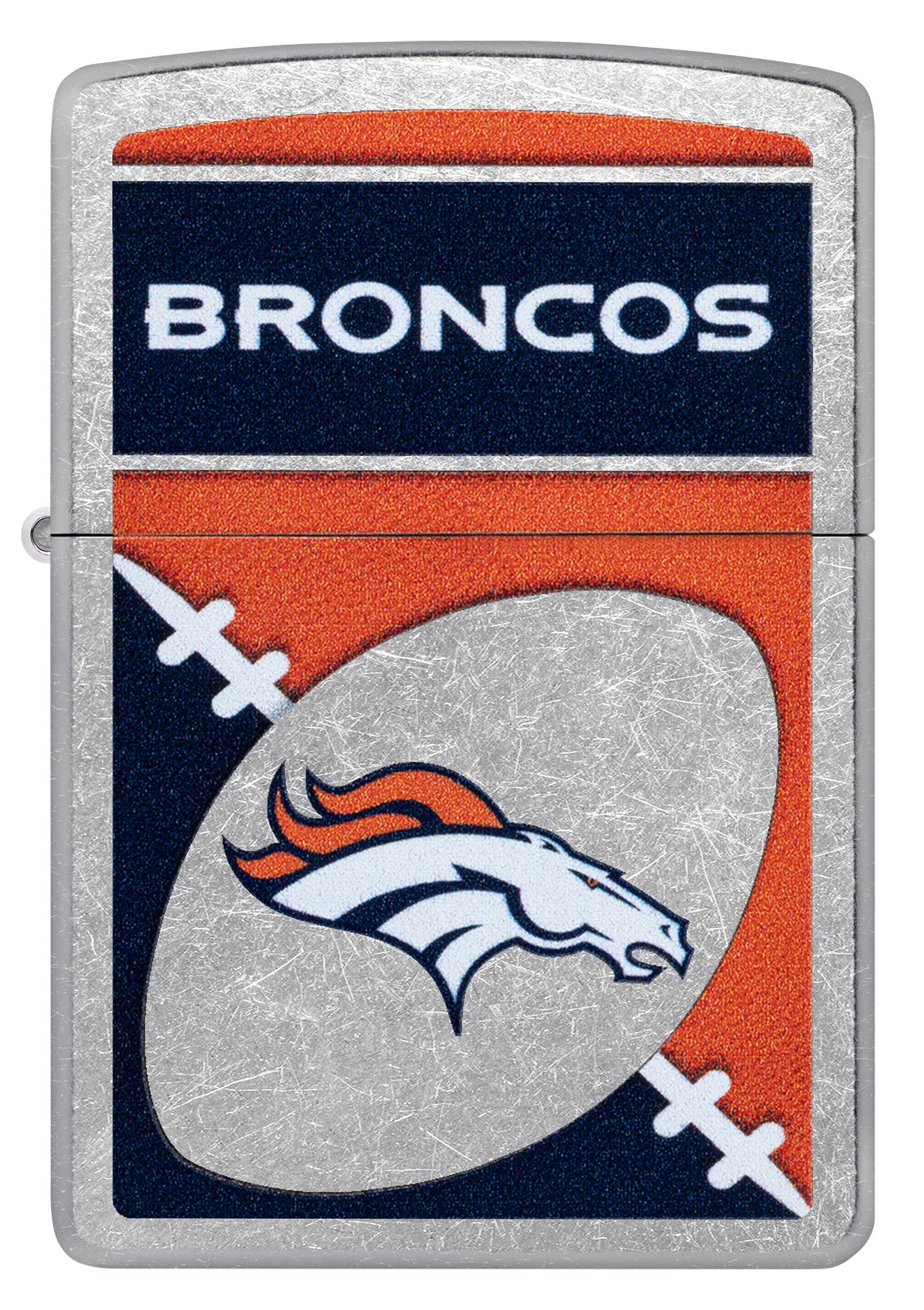 Front view of Zippo NFL Denver Broncos Street Chrome Windproof Lighter.