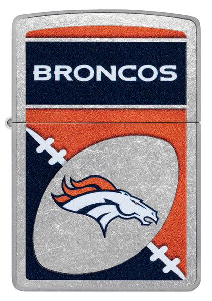 Front view of Zippo NFL Denver Broncos Street Chrome Windproof Lighter.