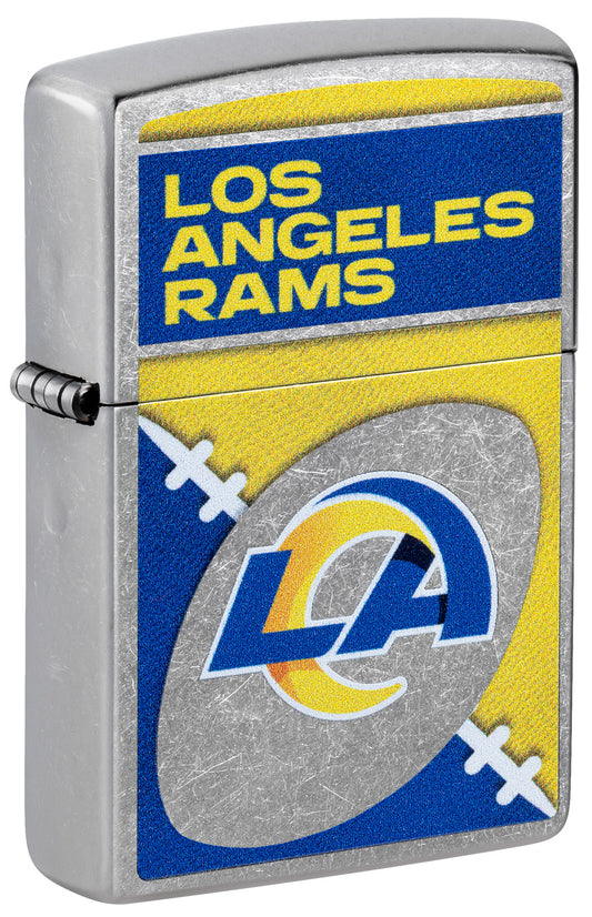 Front shot of Zippo NFL Los Angeles Rams Street Chrome Windproof Lighter standing at a 3/4 angle.