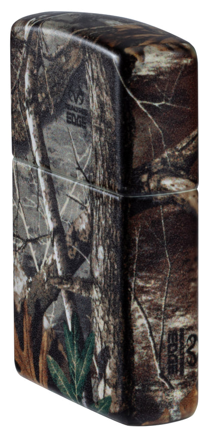 Angled shot of Zippo Realtree® EDGE™ Camo Design 540 Matte Windproof Lighter showing the front and right sides of the lighter.