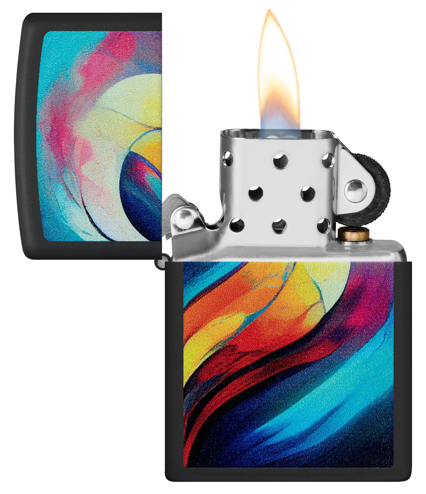 Zippo Whole Heart Set Design Black Matte Windproof Lighter with its lid open and lit.