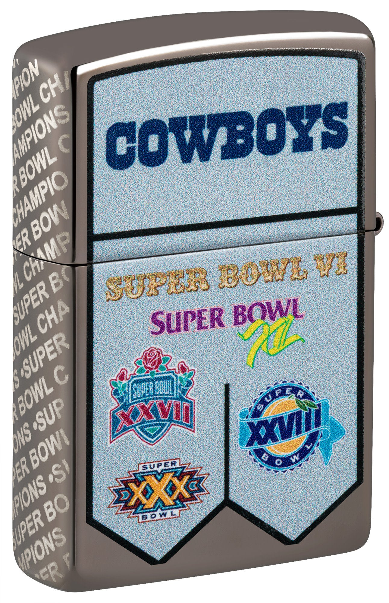 Back shot of Zippo NFL Dallas Cowboys Super Bowl Commemorative Armor Black Ice Windproof Lighter standing at a 3/4 angle.