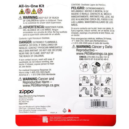 Back view of Zippo All-In-One Gift Set with Classic Brushed Chrome Windproof Lighter in its packaging