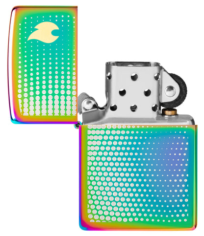 Zippo Dot Matrix Design Multi Color Windproof Lighter with its lid open and unlit.