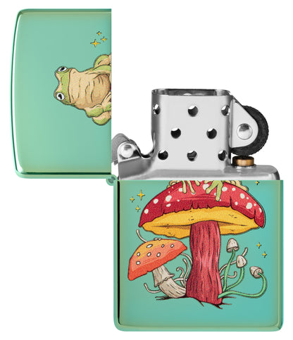 Zippo Mystical Frog Design High Polish Green Windproof Lighter with its lid open and unlit.