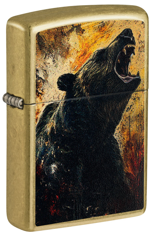 Front shot of Zippo Grizzly Roar Design Street Brass Windproof Lighter standing at a 3/4 angle.