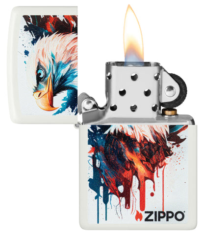 Zippo Painted Eagle Design White Matte Windproof Lighter with its lid open and lit.