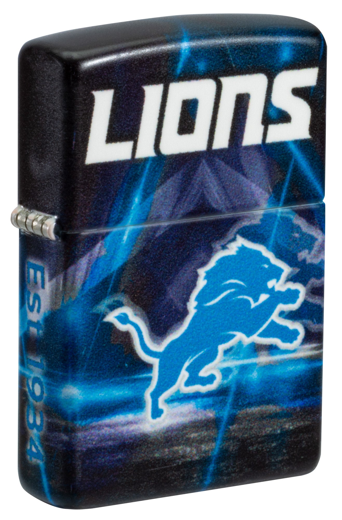 Front shot of Zippo NFL Detroit Lions 540 Matte Windproof Lighter standing at a 3/4 angle.