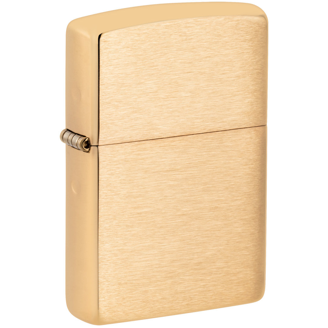 Front shot of Armor® Brushed Brass Windproof Lighter standing at a 3/4 angle.