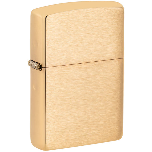 Front shot of Armor® Brushed Brass Windproof Lighter standing at a 3/4 angle.