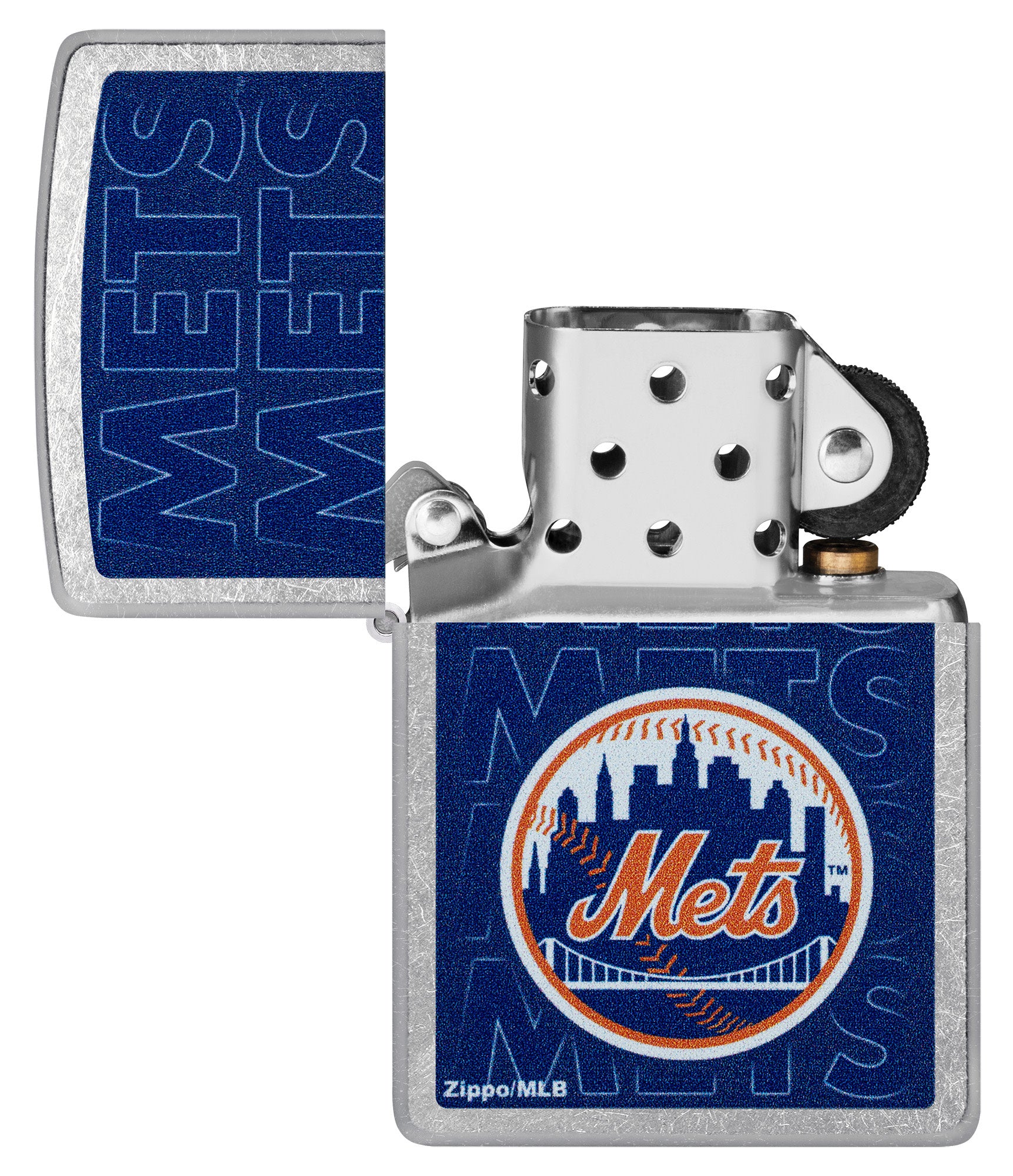 Zippo MLB® New York Mets Street Chrome Windproof Lighter with its lid open and unlit.