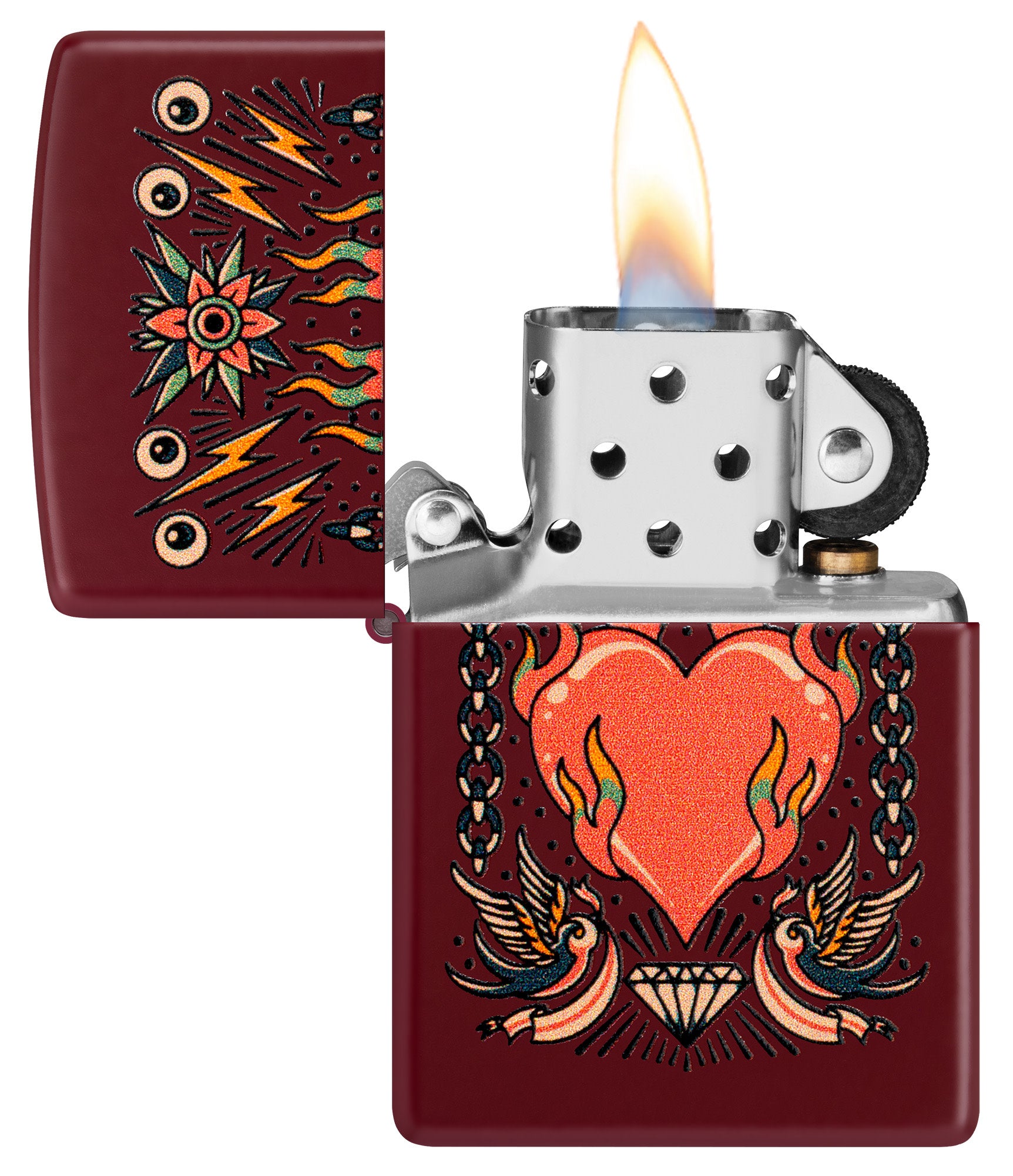 Zippo Tattoo Heart Design Merlot Windproof Lighter with its lid open and lit.