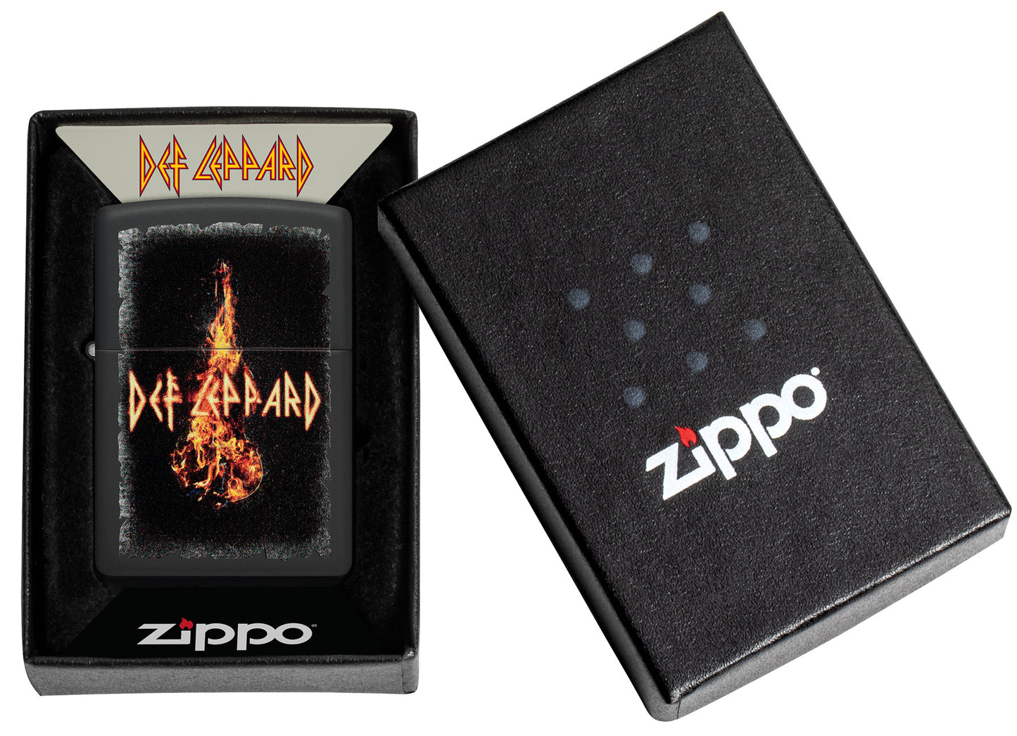 Zippo Def Leppard Burning Violin Black Matte Windproof Lighter in its packaging.