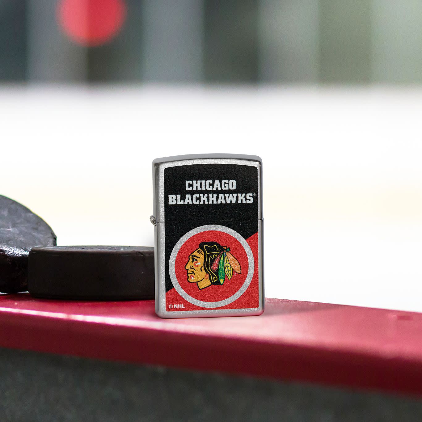 Front view of Zippo NHL® Chicago Blackhawks® 2024 Street Chrome™ Windproof Lighter.