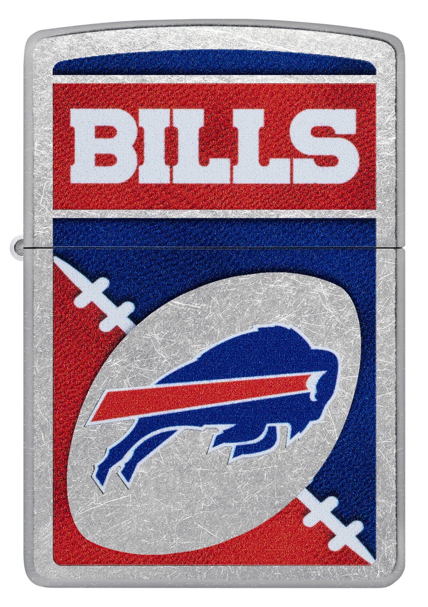 Front view of Zippo NFL Buffalo Bills Street Chrome Windproof Lighter.