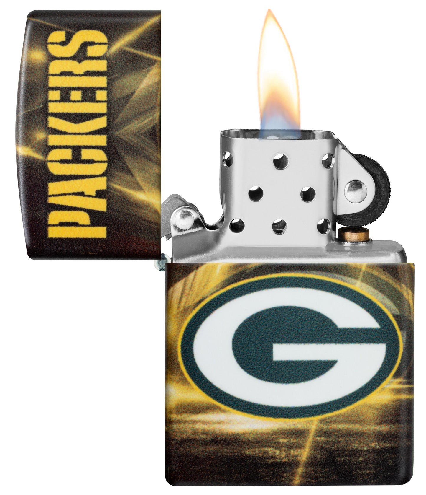 Zippo NFL Green Bay Packers 540 Matte Windproof Lighter with its lid open and lit.