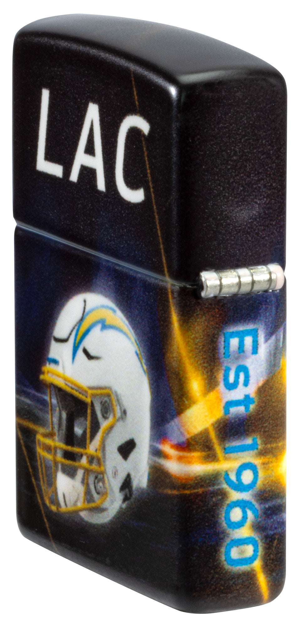 Angled shot of Zippo NFL Los Angeles Chargers 540 Matte Windproof Lighter showing the back and hinge sides of the lighter.