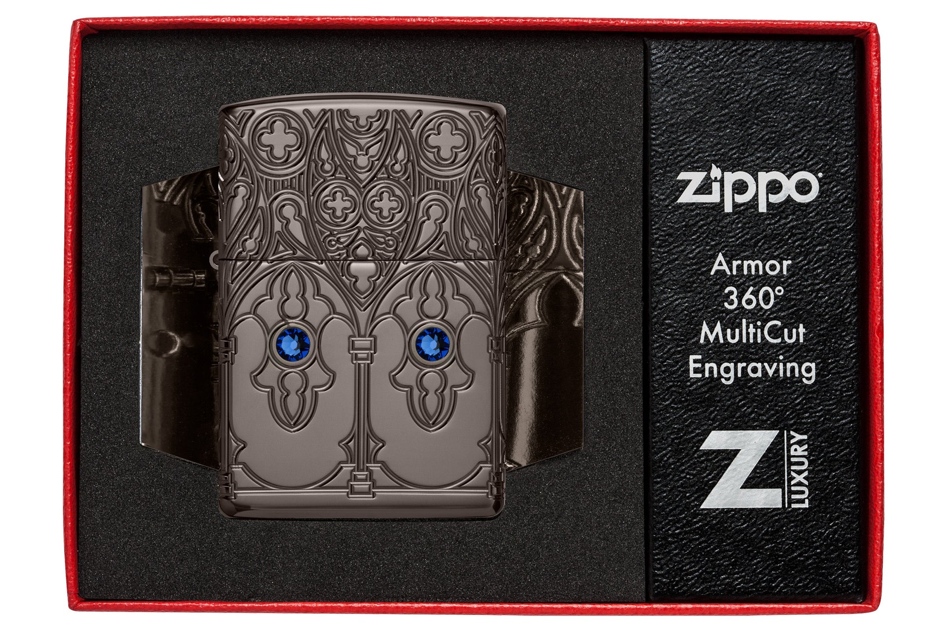 Zippo Gothic Window Design Armor® Black Ice® Windproof Lighter in its packaging.