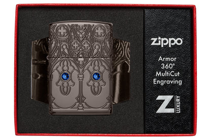 Zippo Gothic Window Design Armor® Black Ice® Windproof Lighter in its packaging.