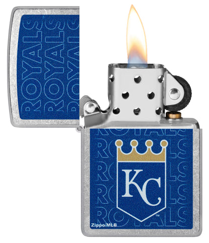 Zippo MLB® Kansas City Royals Street Chrome Windproof Lighter with its lid open and lit.