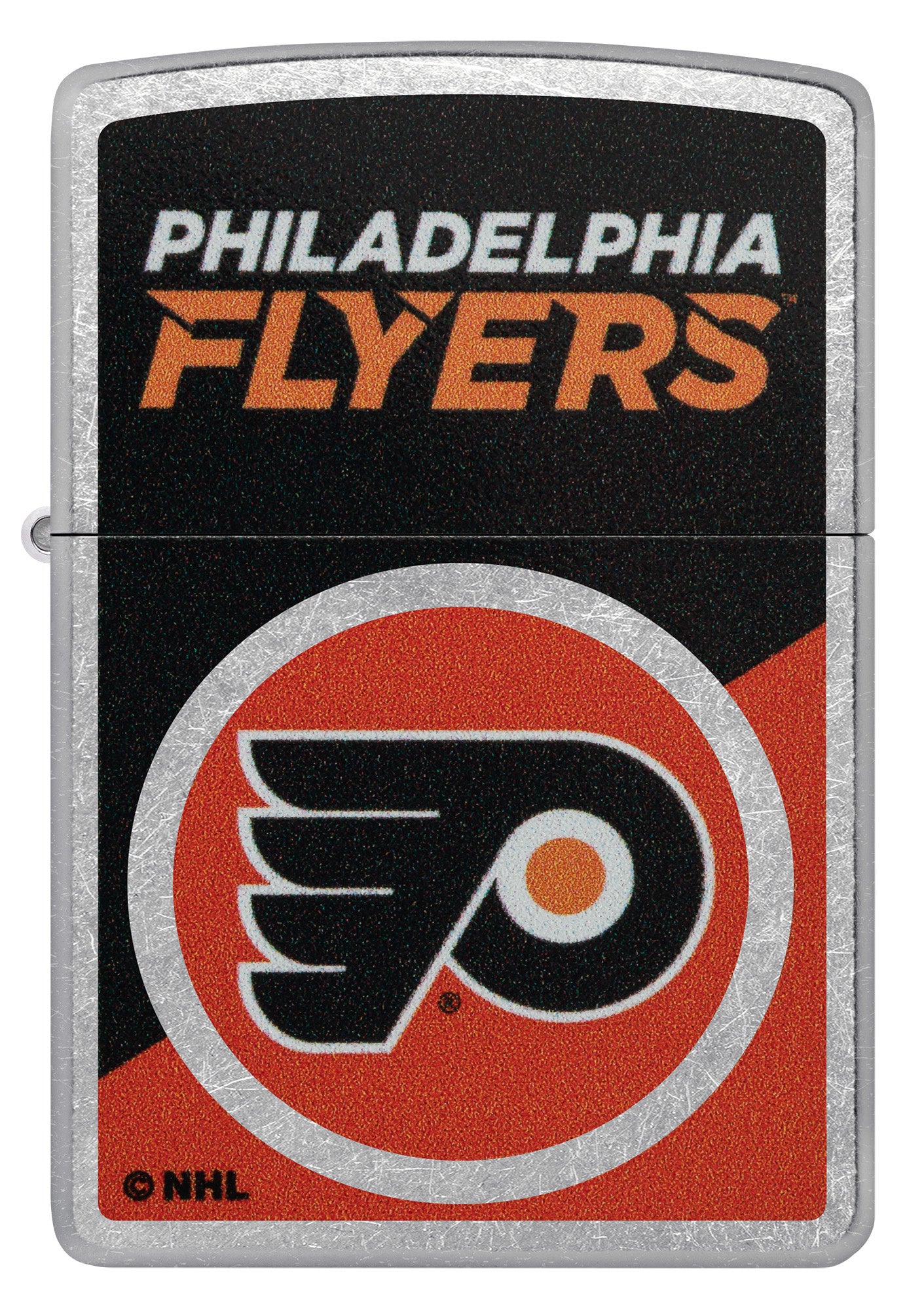 Zippo NHL® Philadelphia Flyers® 2024 Street Chrome™ Windproof Lighter with its lid open and lit.