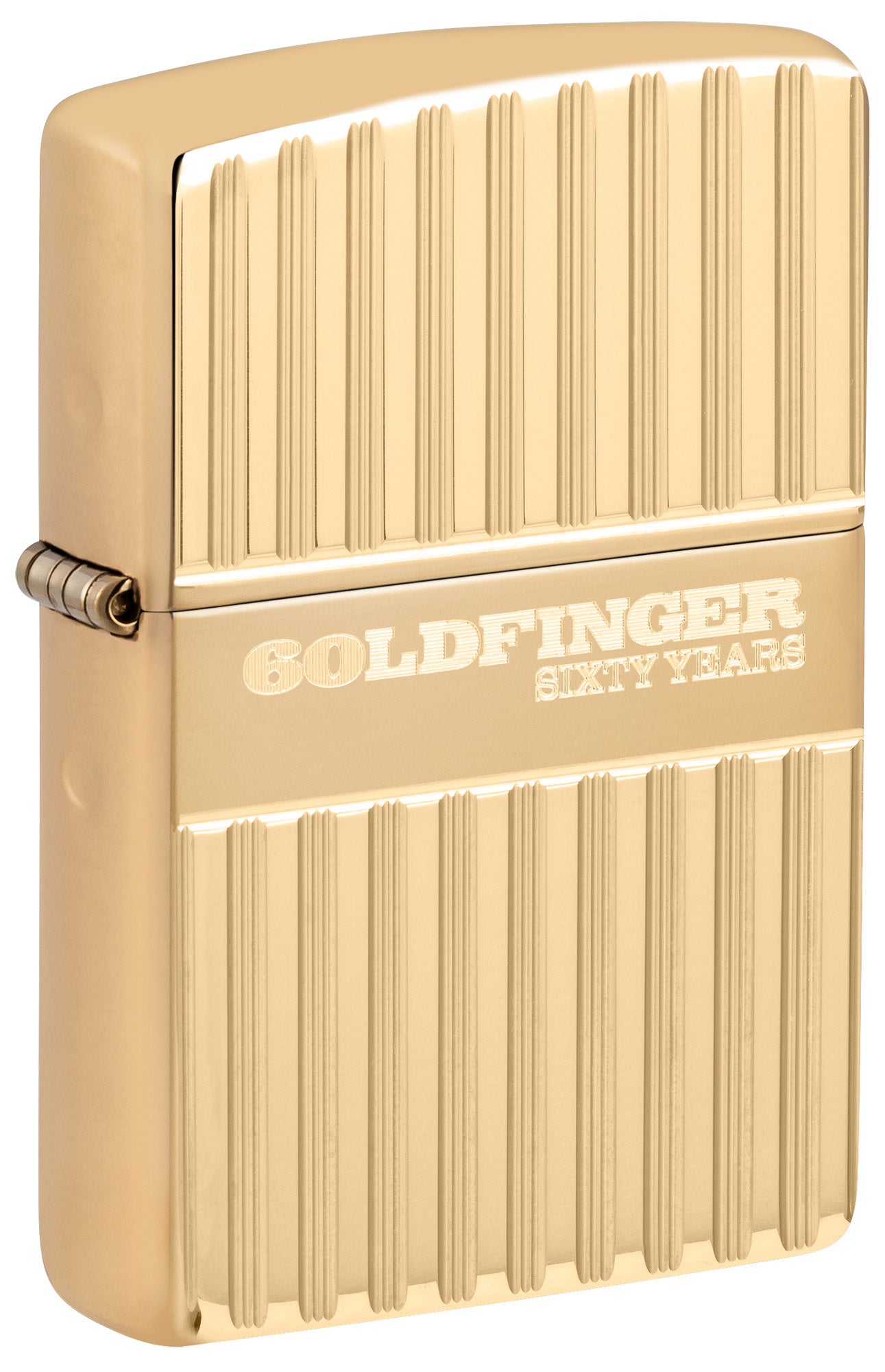 Front shot of Zippo James Bond™ 007 Goldfinger 60th Armor® High Polish Brass Windproof Lighter standing at a 3/4 angle.