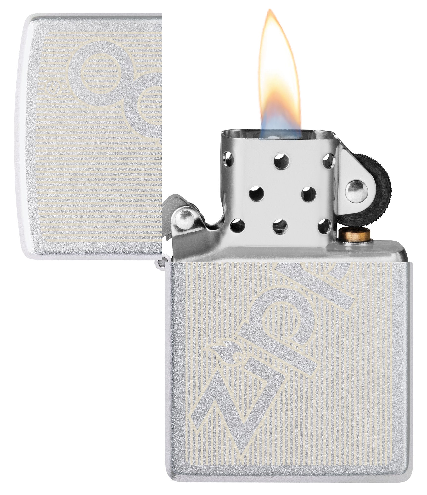 Pinstripe Zippo Design Windproof Lighter with its lid open and lit.