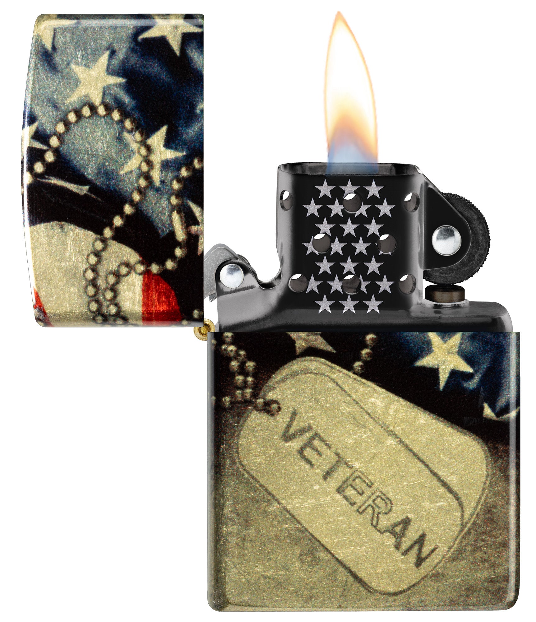 Zippo Veterans Commemorative 540 Tumbled Brass Windproof Lighter with its lid open and lit.